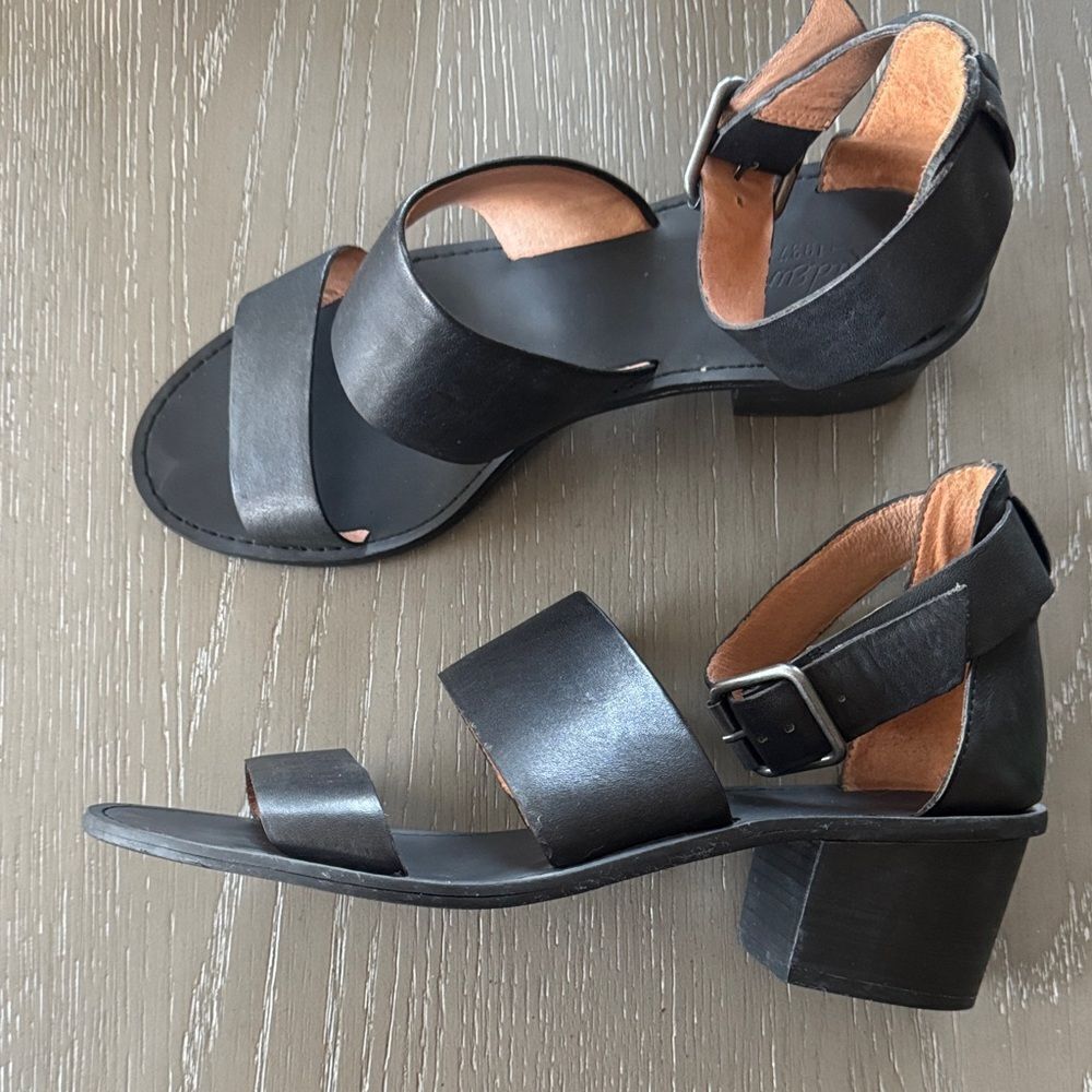Madewell Black Leather Block Heel Ankle Strap Sandals